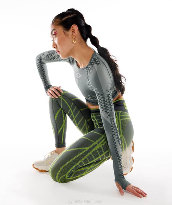 Anthrazit/Fluogrün/Hellgrau Kleidung Gymshark Frauen Wtflex lineare nahtlose Leggings 04P8323