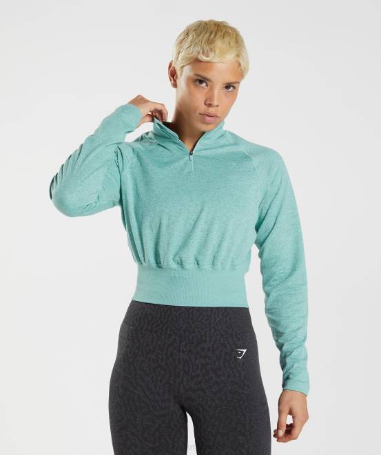 Perlblau/Winterblaugrün meliert Kleidung Gymshark Frauen 315 Langarm-Aufwärmoberteil 04P8394