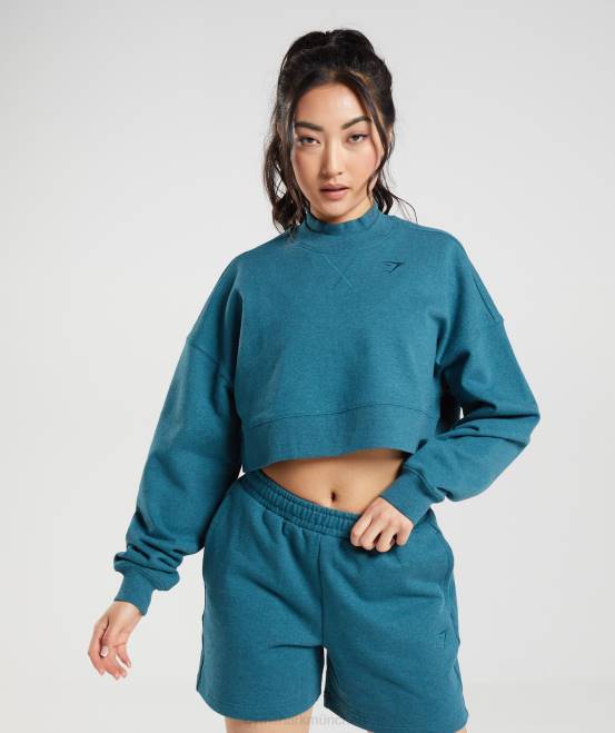 Stahlblau meliert Kleidung Gymshark Frauen Ruhetag schwitzt kurzen Pullover 04P8365