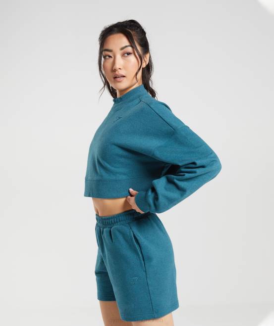Stahlblau meliert Kleidung Gymshark Frauen Ruhetag schwitzt kurzen Pullover 04P8365