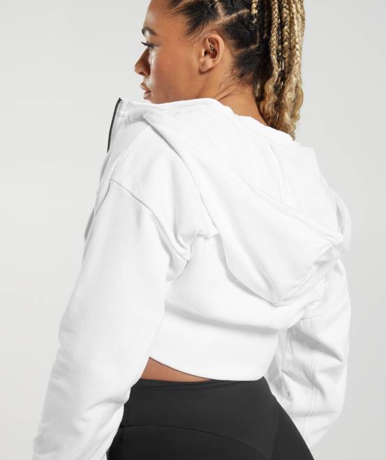 Weiß Kleidung Gymshark Frauen Kurz geschnittener Kapuzenpullover mit Reißverschluss von GS Power 04P8347