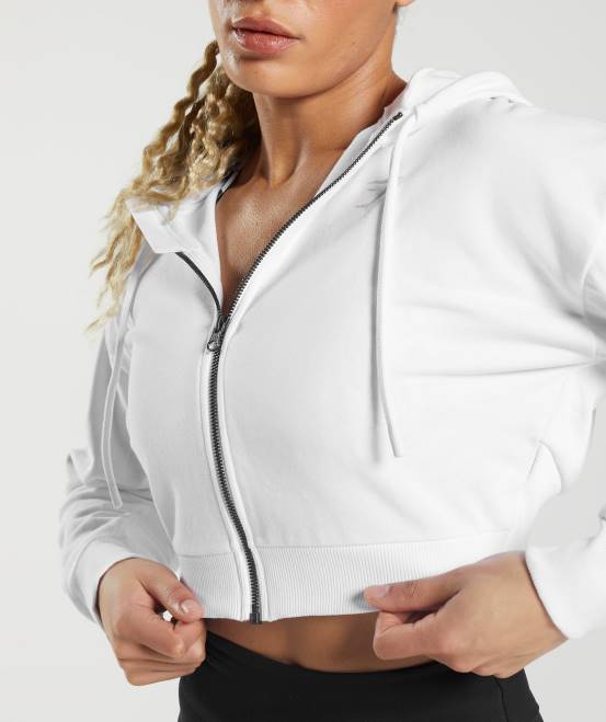 Weiß Kleidung Gymshark Frauen Kurz geschnittener Kapuzenpullover mit Reißverschluss von GS Power 04P8347