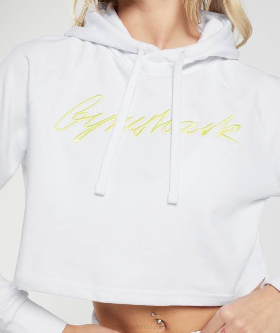 Weiß Kleidung Gymshark Frauen Kurzer Kapuzenpullover mit Stickerei und Grafik 04P8375