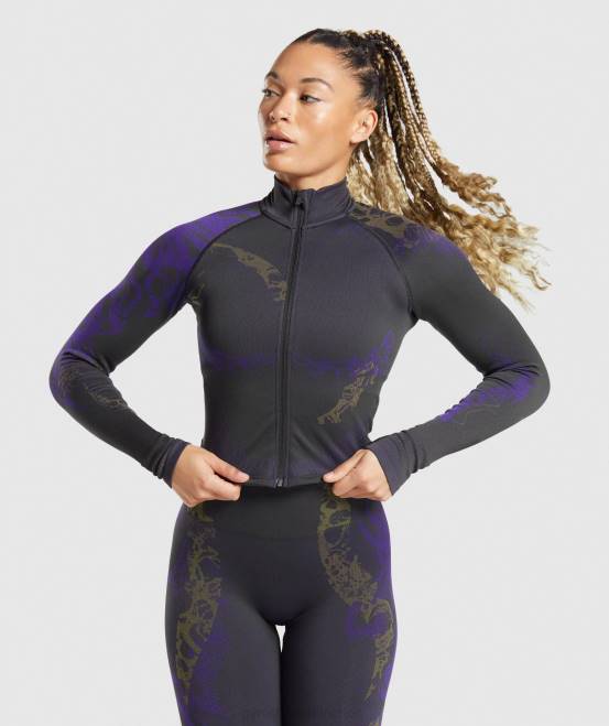 Schwarz/Neptunviolett/Reaktivgrün Kleidung Gymshark Frauen Wtflex-Reißverschlussjacke 04P8362