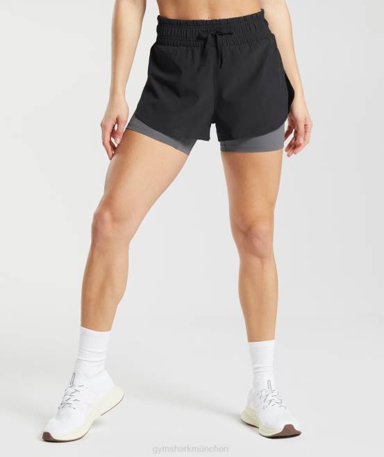 Schwarz/Silhouettengrau Kleidung Gymshark Frauen Laufende 2-in-1-Shorts 04P840