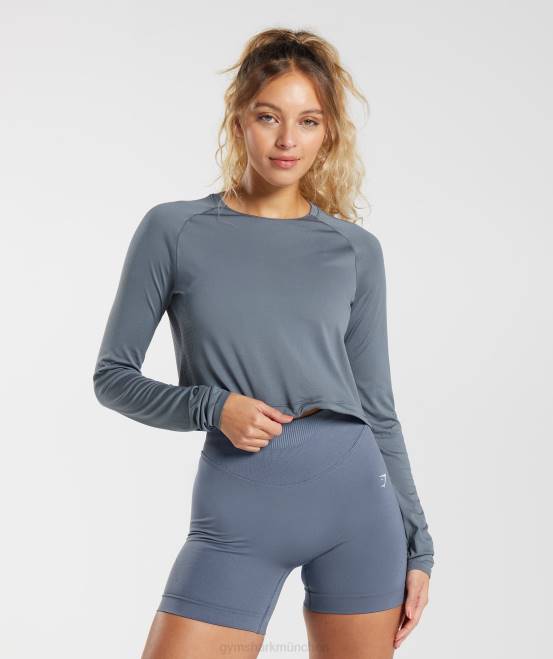 Abendblau Kleidung Gymshark Frauen Nahtloses Sweat-Crop-Top mit langen Ärmeln 04P8431
