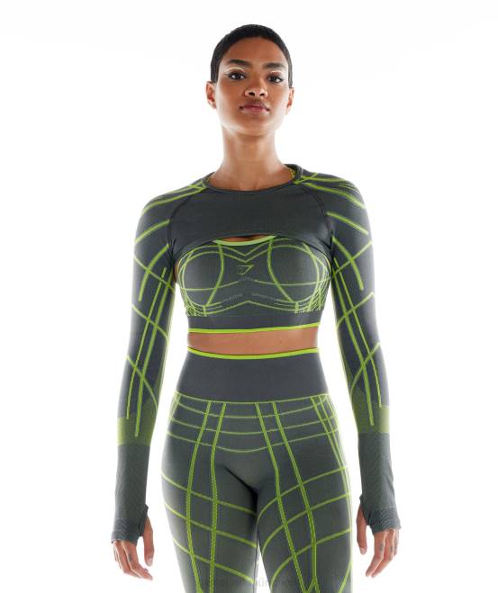 Anthrazit/Fluogrün/Hellgrau Kleidung Gymshark Frauen Wtflex lineares, nahtloses Langarm-Achselzucken 04P8490