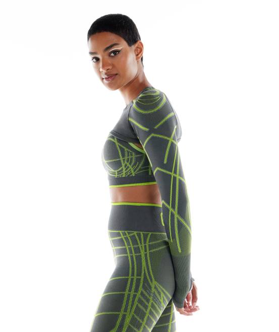 Anthrazit/Fluogrün/Hellgrau Kleidung Gymshark Frauen Wtflex lineares, nahtloses Langarm-Achselzucken 04P8490
