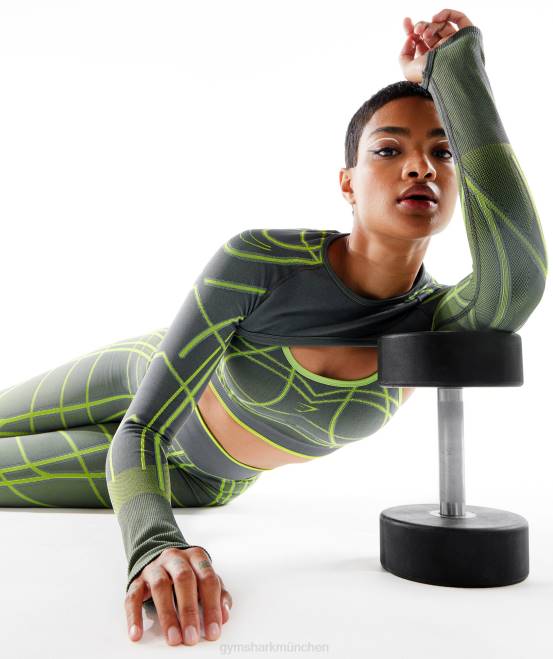 Anthrazit/Fluogrün/Hellgrau Kleidung Gymshark Frauen Wtflex lineares, nahtloses Langarm-Achselzucken 04P8490