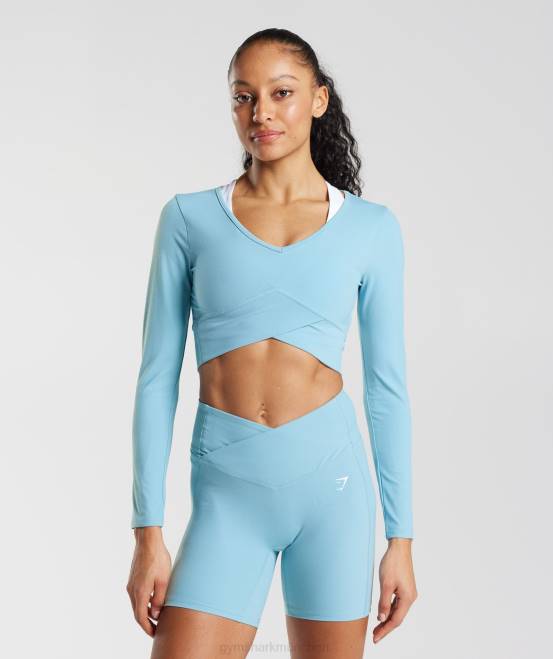 Eisbergblau Kleidung Gymshark Frauen Crossover-Langarm-Crop-Top 04P8436