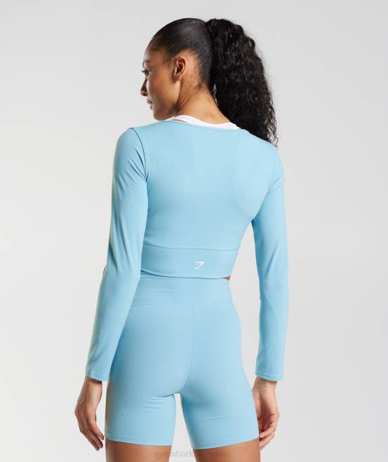 Eisbergblau Kleidung Gymshark Frauen Crossover-Langarm-Crop-Top 04P8436