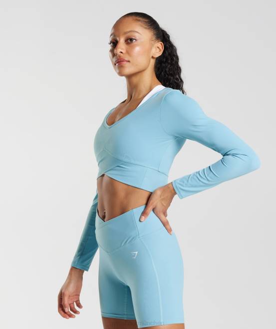 Eisbergblau Kleidung Gymshark Frauen Crossover-Langarm-Crop-Top 04P8436