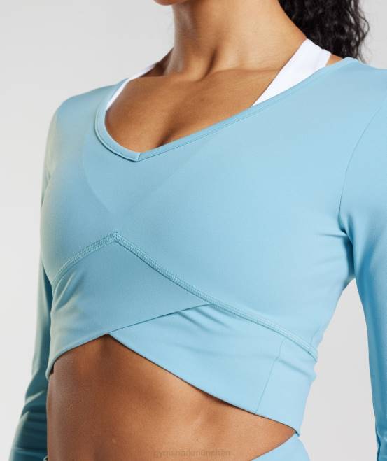Eisbergblau Kleidung Gymshark Frauen Crossover-Langarm-Crop-Top 04P8436