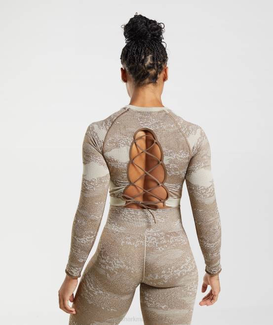 Kieselgrau/Seelenbraun Kleidung Gymshark Frauen Nahtloses Camo-Oberteil mit Schnürung am Rücken anpassen 04P8458