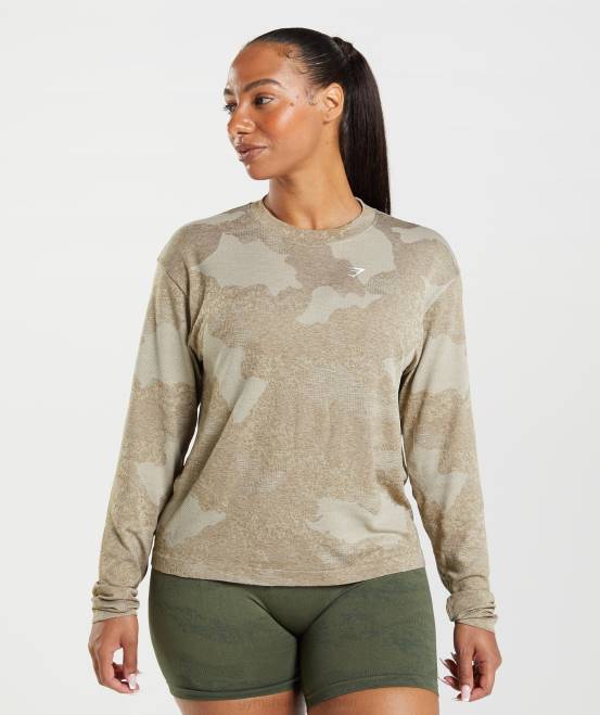 Kieselgrau/Seelenbraun Kleidung Gymshark Frauen Nahtloses, langärmeliges Camo-Oberteil von Adapt 04P8477
