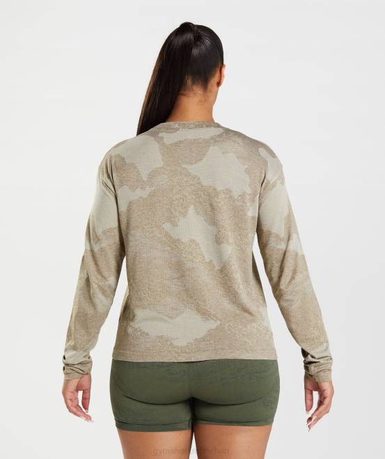 Kieselgrau/Seelenbraun Kleidung Gymshark Frauen Nahtloses, langärmeliges Camo-Oberteil von Adapt 04P8477