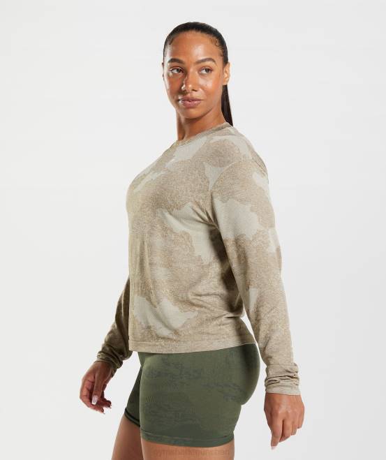 Kieselgrau/Seelenbraun Kleidung Gymshark Frauen Nahtloses, langärmeliges Camo-Oberteil von Adapt 04P8477