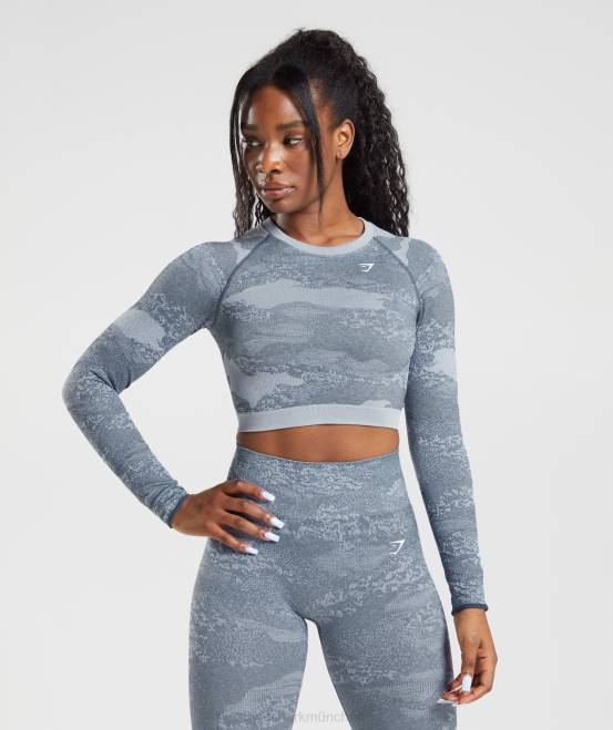 Lava | Flusssteingrau/Abendblau Kleidung Gymshark Frauen Nahtloses Camo-Oberteil mit Schnürung am Rücken anpassen 04P8457