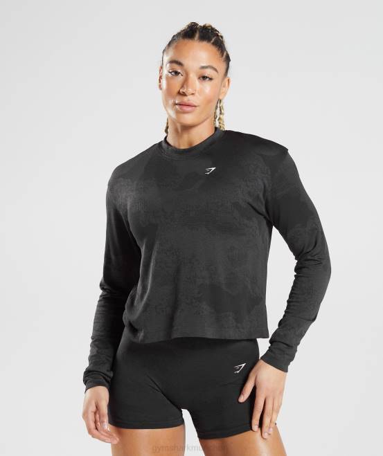 Lava | Schwarz Kleidung Gymshark Frauen Nahtloses, langärmeliges Camo-Oberteil von Adapt 04P8478