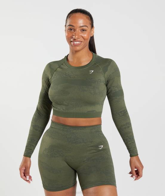 Moosolive/Kernolive Kleidung Gymshark Frauen Nahtloses Camo-Oberteil mit Schnürung am Rücken anpassen 04P8452