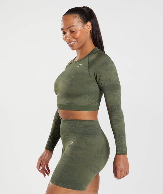 Moosolive/Kernolive Kleidung Gymshark Frauen Nahtloses Camo-Oberteil mit Schnürung am Rücken anpassen 04P8452