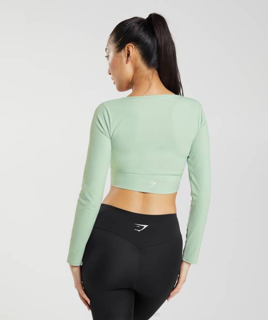 Nebelgrün Kleidung Gymshark Frauen Crossover-Langarm-Crop-Top 04P8454