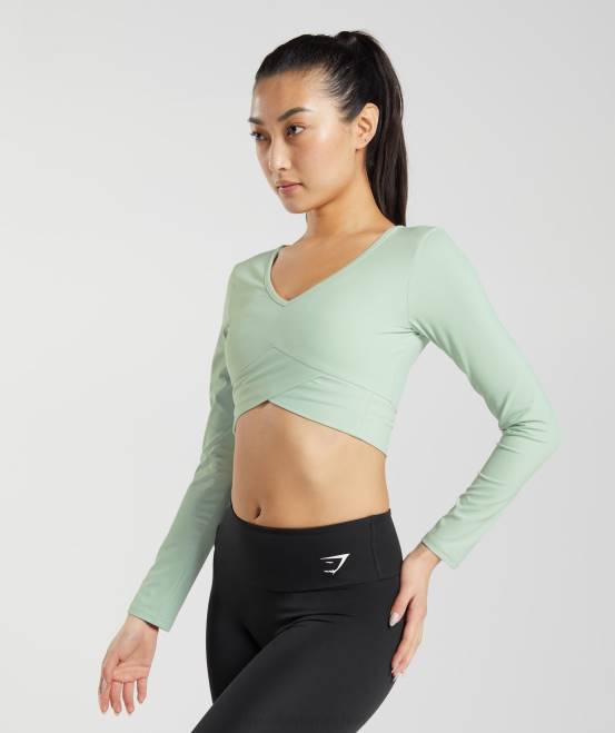 Nebelgrün Kleidung Gymshark Frauen Crossover-Langarm-Crop-Top 04P8454