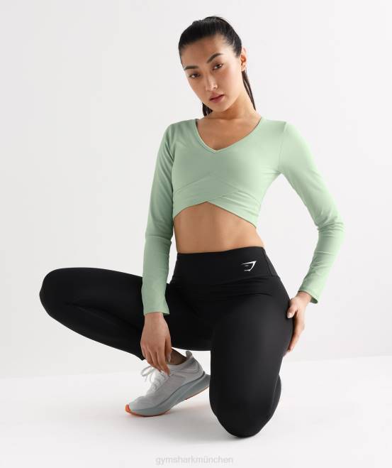 Nebelgrün Kleidung Gymshark Frauen Crossover-Langarm-Crop-Top 04P8454