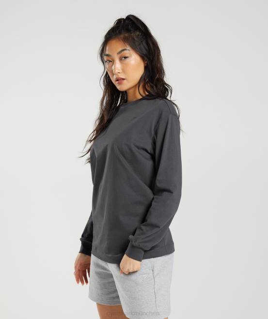 Onyxgrau Kleidung Gymshark Frauen Übergroßes Langarmshirt aus Baumwolle 04P8434