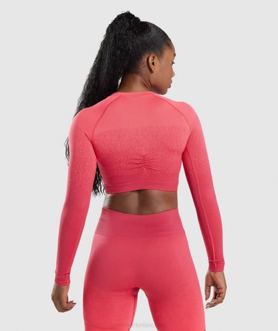 Pink Rot Kleidung Gymshark Frauen Adapt Ombre nahtloses, langärmliges Crop-Top 04P8488