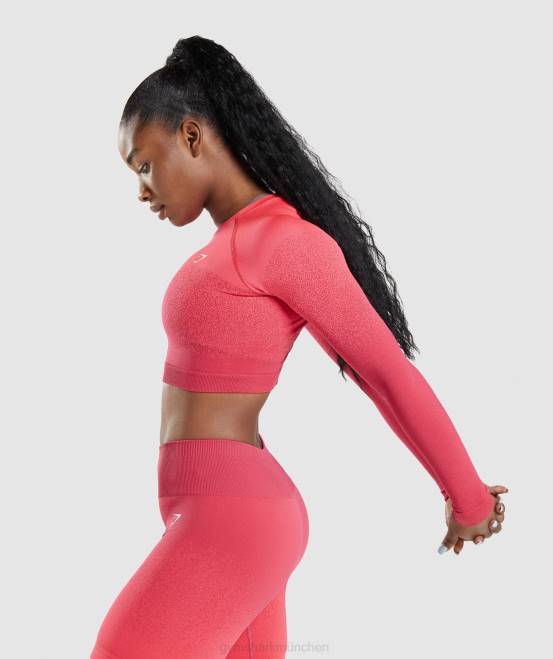 Pink Rot Kleidung Gymshark Frauen Adapt Ombre nahtloses, langärmliges Crop-Top 04P8488