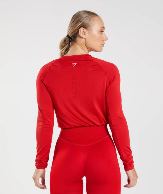 Salsa-Rot Kleidung Gymshark Frauen Nahtloses Sweat-Crop-Top mit langen Ärmeln 04P8439