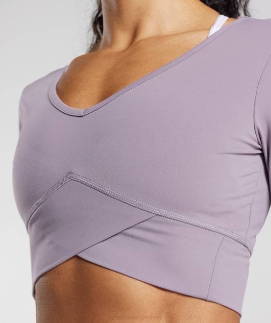 Schieferlavendel Kleidung Gymshark Frauen Crossover-Langarm-Crop-Top 04P8442