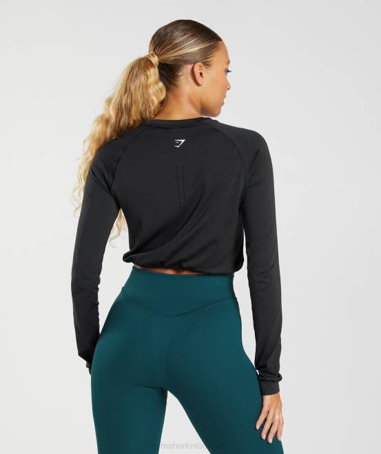 Schwarz Kleidung Gymshark Frauen Nahtloses Sweat-Crop-Top mit langen Ärmeln 04P8430