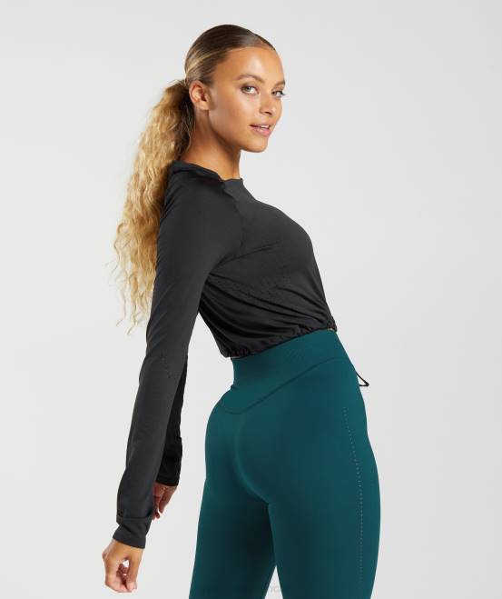 Schwarz Kleidung Gymshark Frauen Nahtloses Sweat-Crop-Top mit langen Ärmeln 04P8430