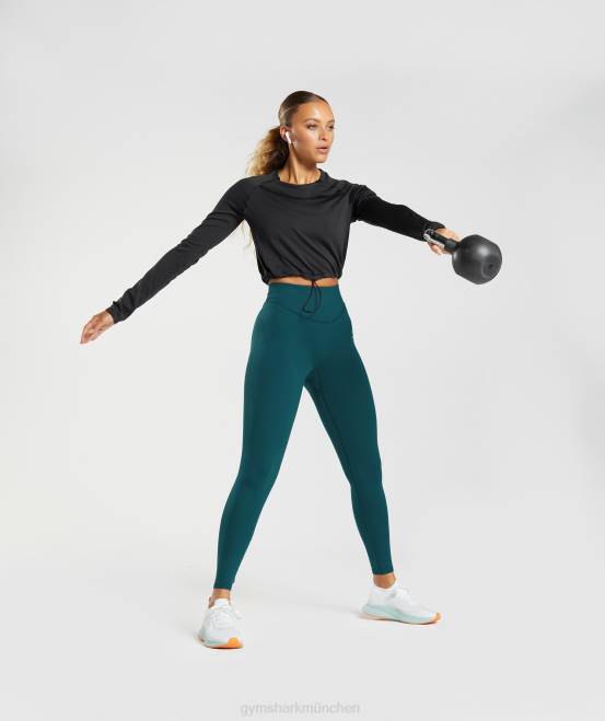 Schwarz Kleidung Gymshark Frauen Nahtloses Sweat-Crop-Top mit langen Ärmeln 04P8430