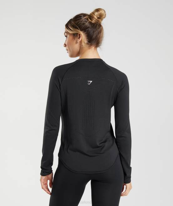 Schwarz Kleidung Gymshark Frauen Nahtloses Sweat-Langarmshirt 04P8462