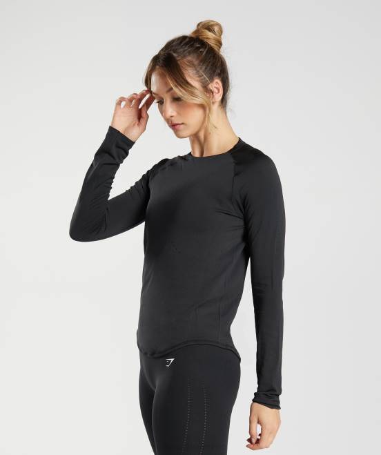 Schwarz Kleidung Gymshark Frauen Nahtloses Sweat-Langarmshirt 04P8462