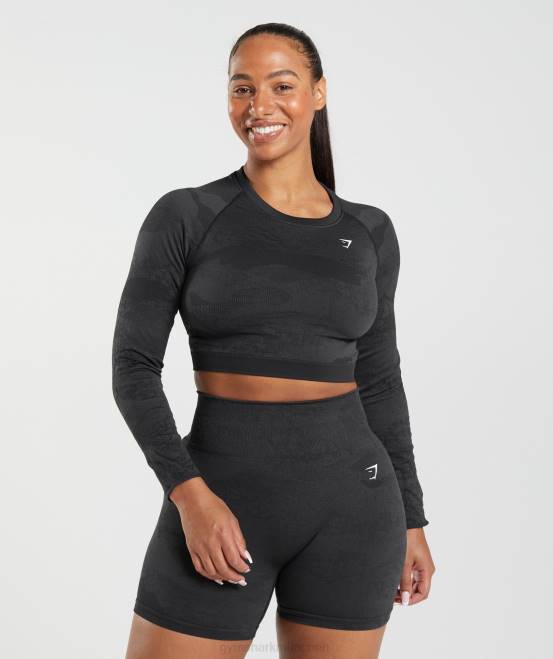 Schwarz/Onyxgrau Kleidung Gymshark Frauen Nahtloses Camo-Oberteil mit Schnürung am Rücken anpassen 04P8451