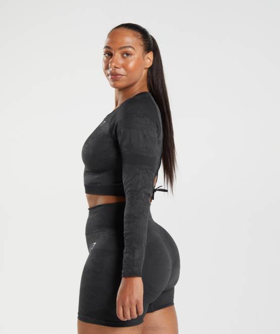 Schwarz/Onyxgrau Kleidung Gymshark Frauen Nahtloses Camo-Oberteil mit Schnürung am Rücken anpassen 04P8451