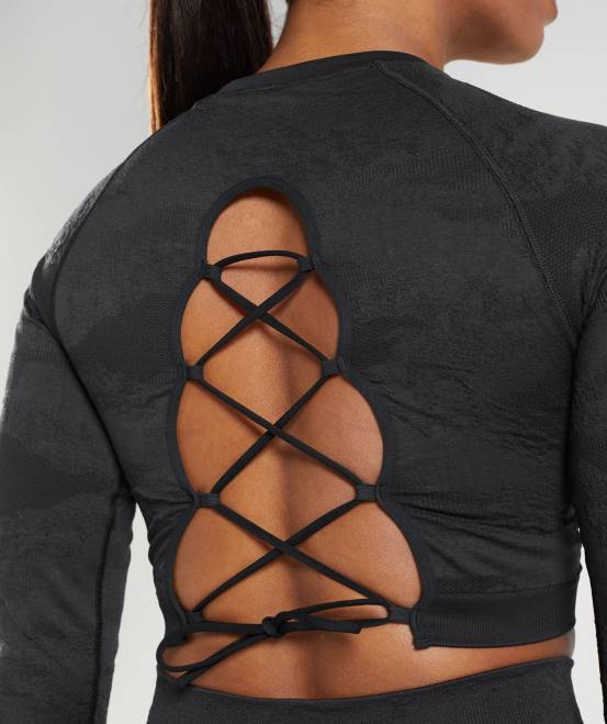 Schwarz/Onyxgrau Kleidung Gymshark Frauen Nahtloses Camo-Oberteil mit Schnürung am Rücken anpassen 04P8451