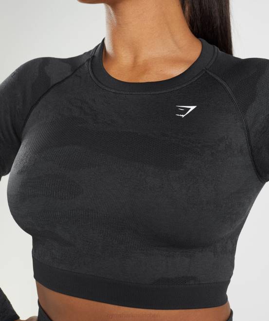 Schwarz/Onyxgrau Kleidung Gymshark Frauen Nahtloses Camo-Oberteil mit Schnürung am Rücken anpassen 04P8451