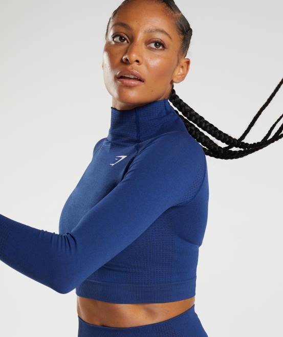 Sternenblauer Mergel Kleidung Gymshark Frauen Vital Seamless 2.0 Midi-Top mit hohem Halsausschnitt 04P8470