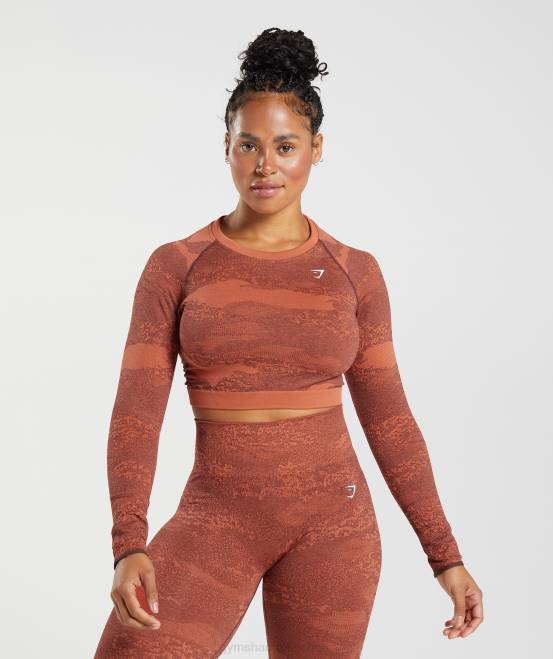 Sturmrot/Kirschbraun Kleidung Gymshark Frauen Nahtloses Camo-Oberteil mit Schnürung am Rücken anpassen 04P8449