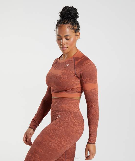 Sturmrot/Kirschbraun Kleidung Gymshark Frauen Nahtloses Camo-Oberteil mit Schnürung am Rücken anpassen 04P8449