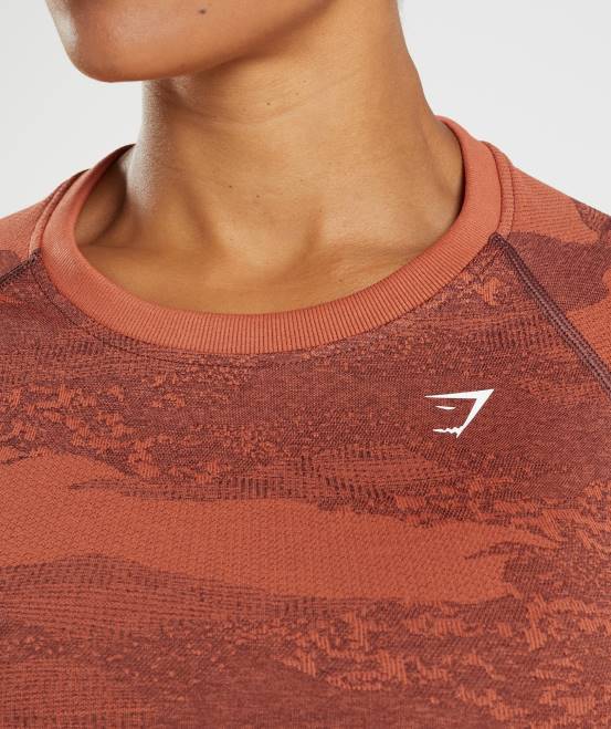 Sturmrot/Kirschbraun Kleidung Gymshark Frauen Nahtloses Camo-Oberteil mit Schnürung am Rücken anpassen 04P8449