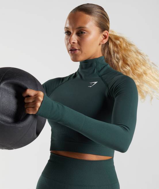 Waldgrüner Mergel Kleidung Gymshark Frauen Vital Seamless 2.0 Midi-Top mit hohem Halsausschnitt 04P8432