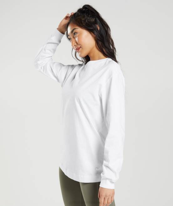 Weiß Kleidung Gymshark Frauen Übergroßes Langarmshirt aus Baumwolle 04P8420