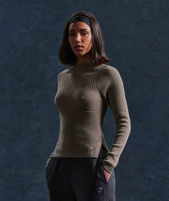 Zementbraun/Kieselgrau Kleidung Gymshark Frauen Langes Strickoberteil von Pause 04P8441