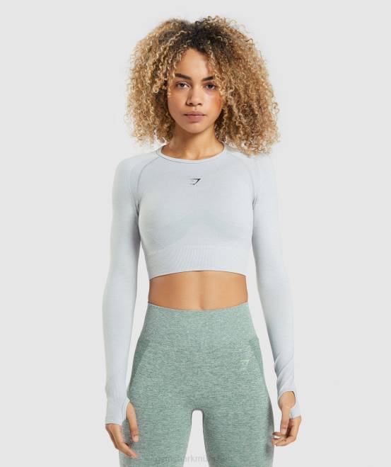 hellgrau meliert Kleidung Gymshark Frauen Flex Sports Langarm-Crop-Top 04P8479